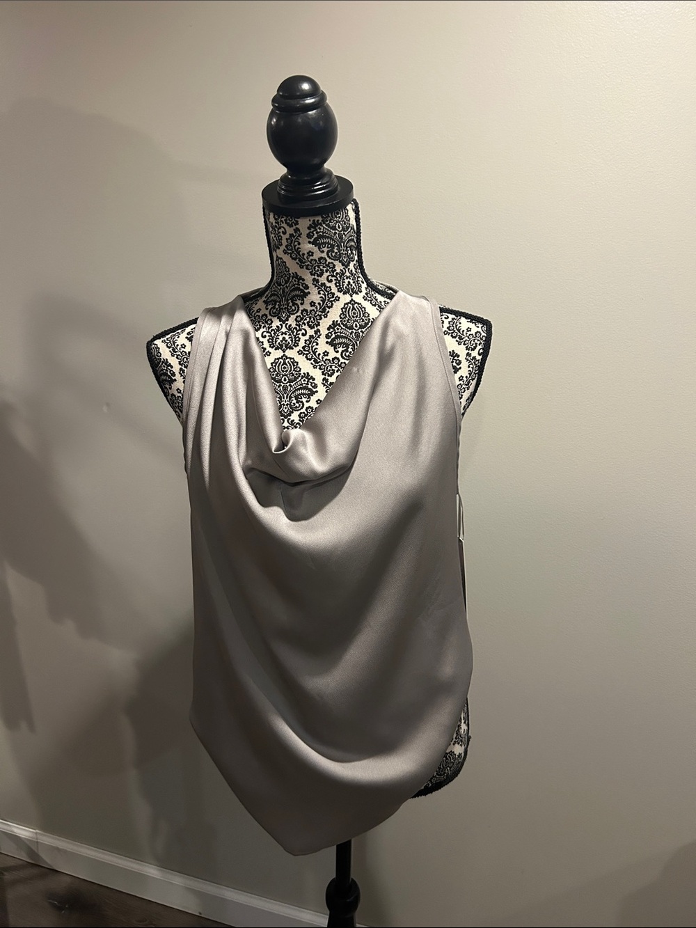 Last Tango Draped Cowl Neck Satin Top - Silver
